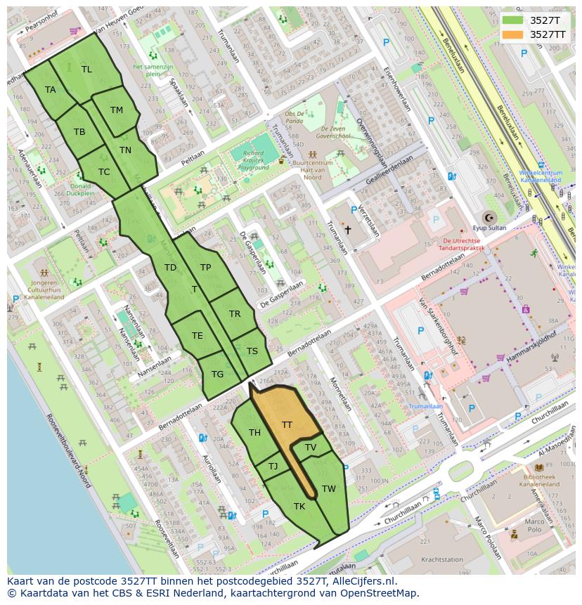 Afbeelding van het postcodegebied 3527 TT op de kaart.