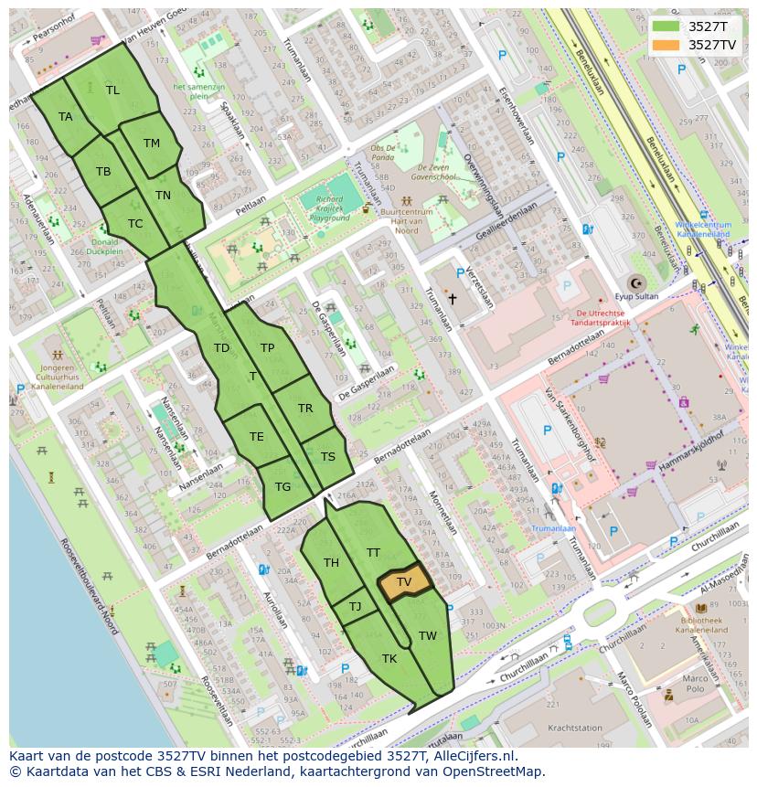 Afbeelding van het postcodegebied 3527 TV op de kaart.
