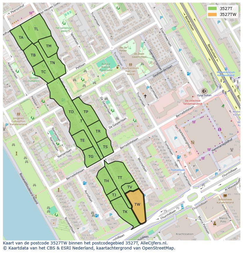 Afbeelding van het postcodegebied 3527 TW op de kaart.