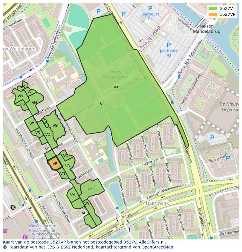 Afbeelding van het postcodegebied 3527 VP op de kaart.
