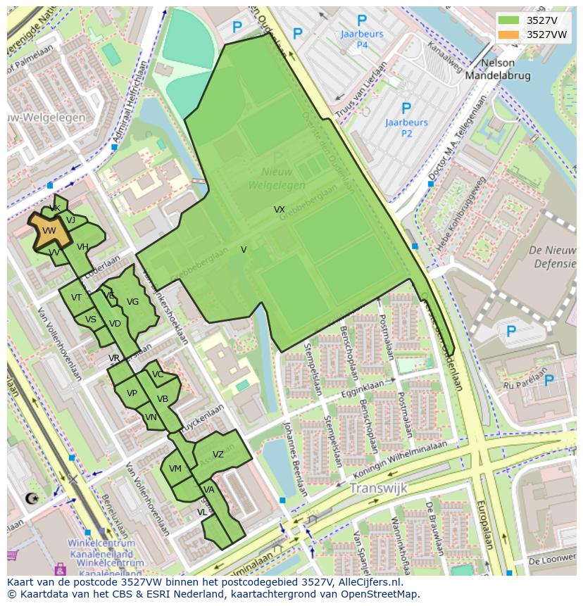 Afbeelding van het postcodegebied 3527 VW op de kaart.
