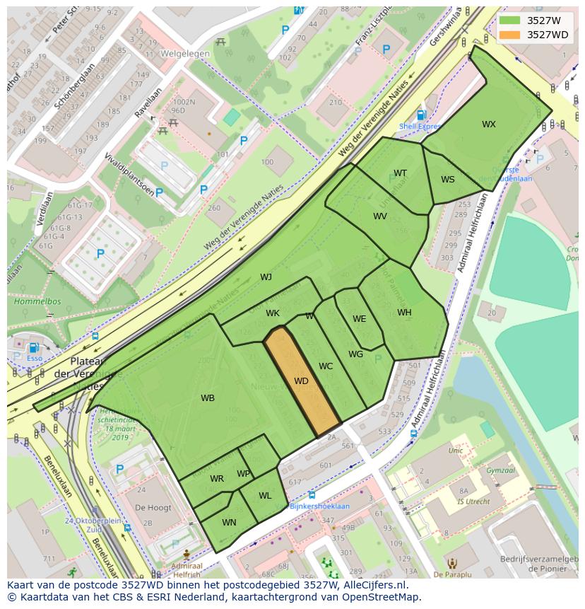 Afbeelding van het postcodegebied 3527 WD op de kaart.