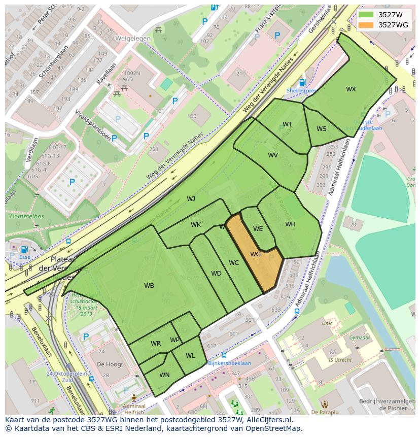 Afbeelding van het postcodegebied 3527 WG op de kaart.