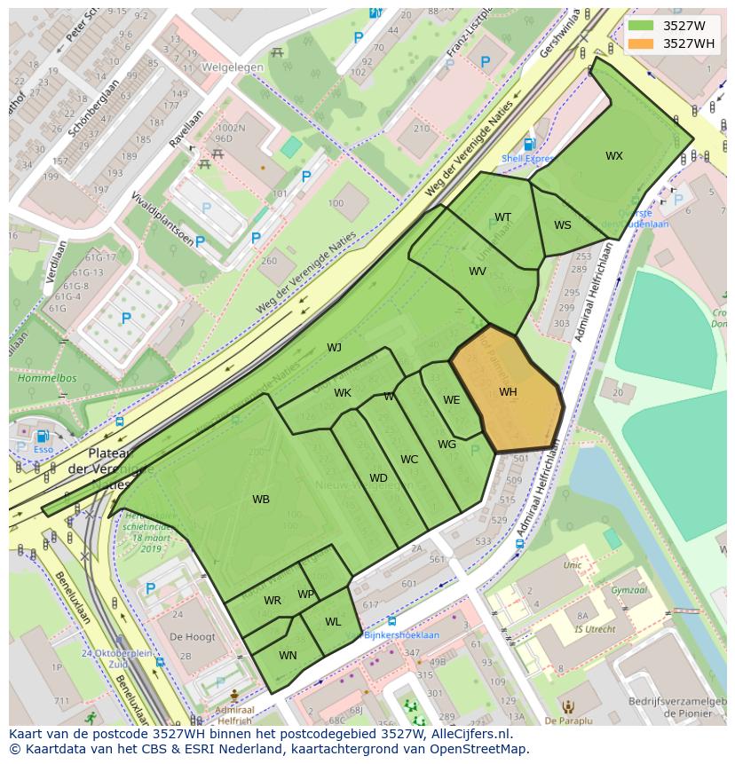 Afbeelding van het postcodegebied 3527 WH op de kaart.