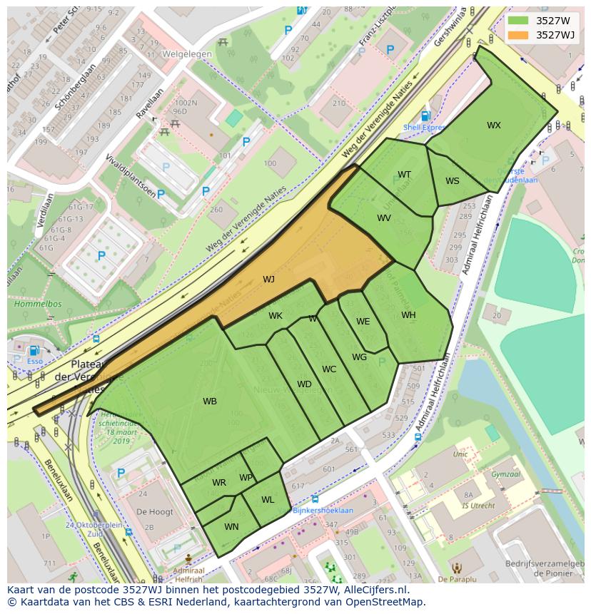 Afbeelding van het postcodegebied 3527 WJ op de kaart.