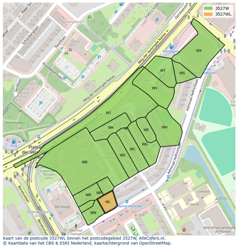 Afbeelding van het postcodegebied 3527 WL op de kaart.
