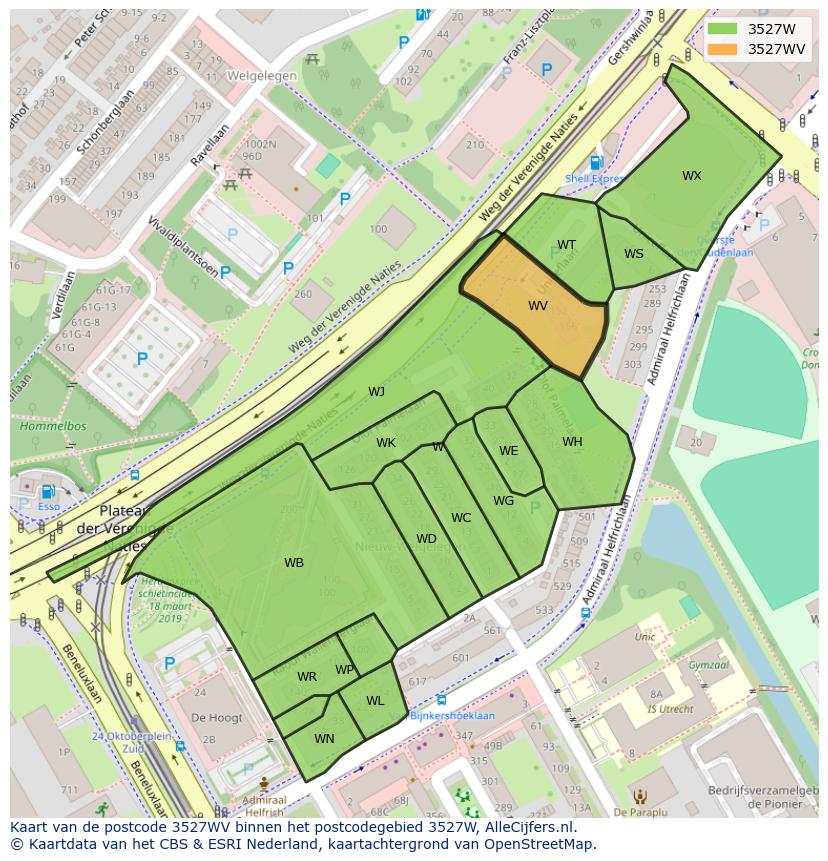 Afbeelding van het postcodegebied 3527 WV op de kaart.