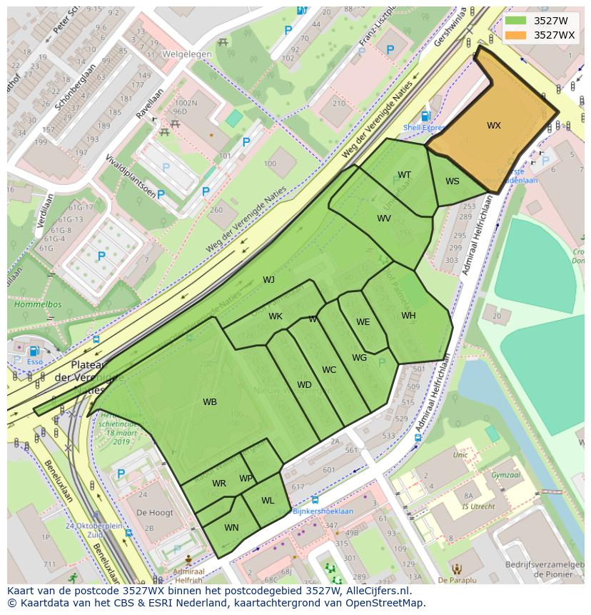 Afbeelding van het postcodegebied 3527 WX op de kaart.