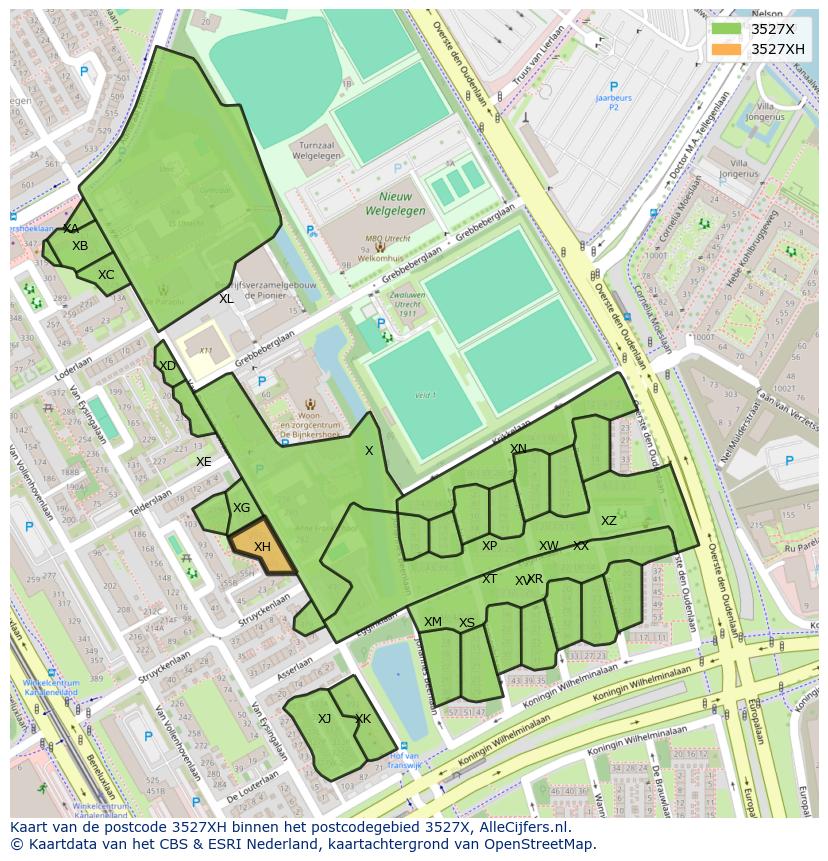Afbeelding van het postcodegebied 3527 XH op de kaart.