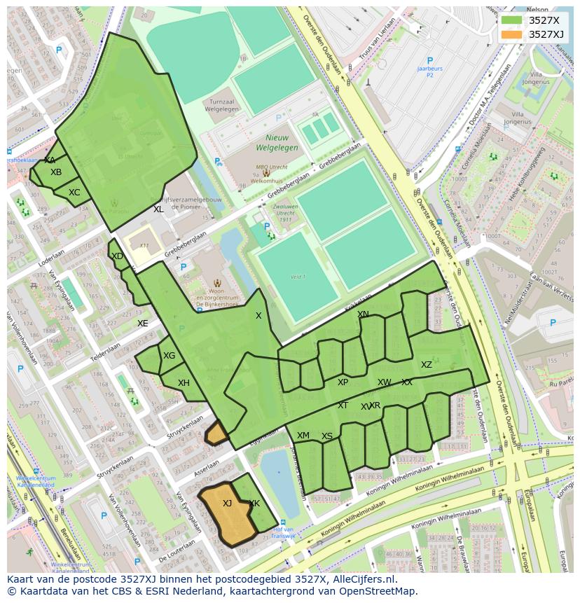 Afbeelding van het postcodegebied 3527 XJ op de kaart.