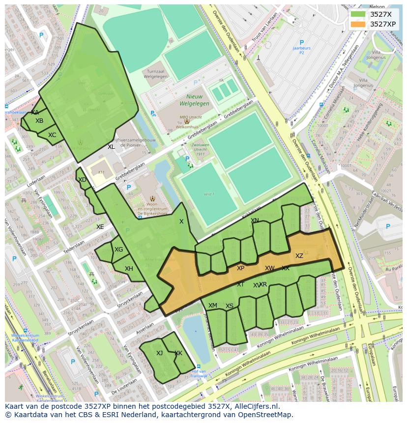 Afbeelding van het postcodegebied 3527 XP op de kaart.