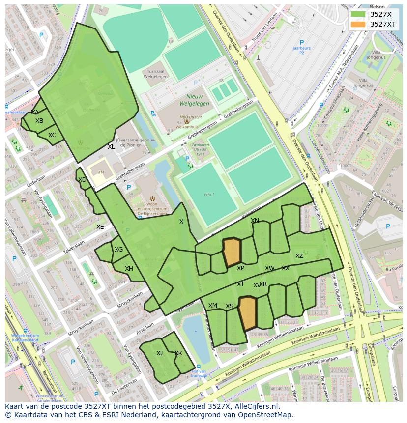 Afbeelding van het postcodegebied 3527 XT op de kaart.