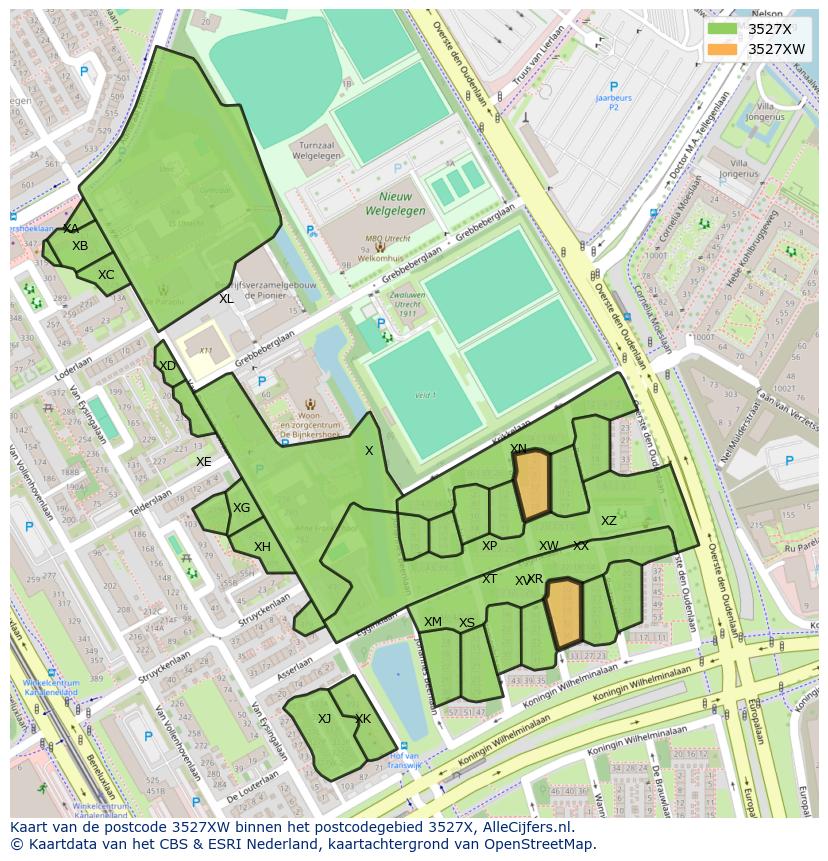 Afbeelding van het postcodegebied 3527 XW op de kaart.
