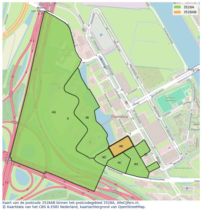 Afbeelding van het postcodegebied 3528 AB op de kaart.