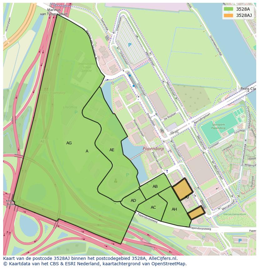 Afbeelding van het postcodegebied 3528 AJ op de kaart.
