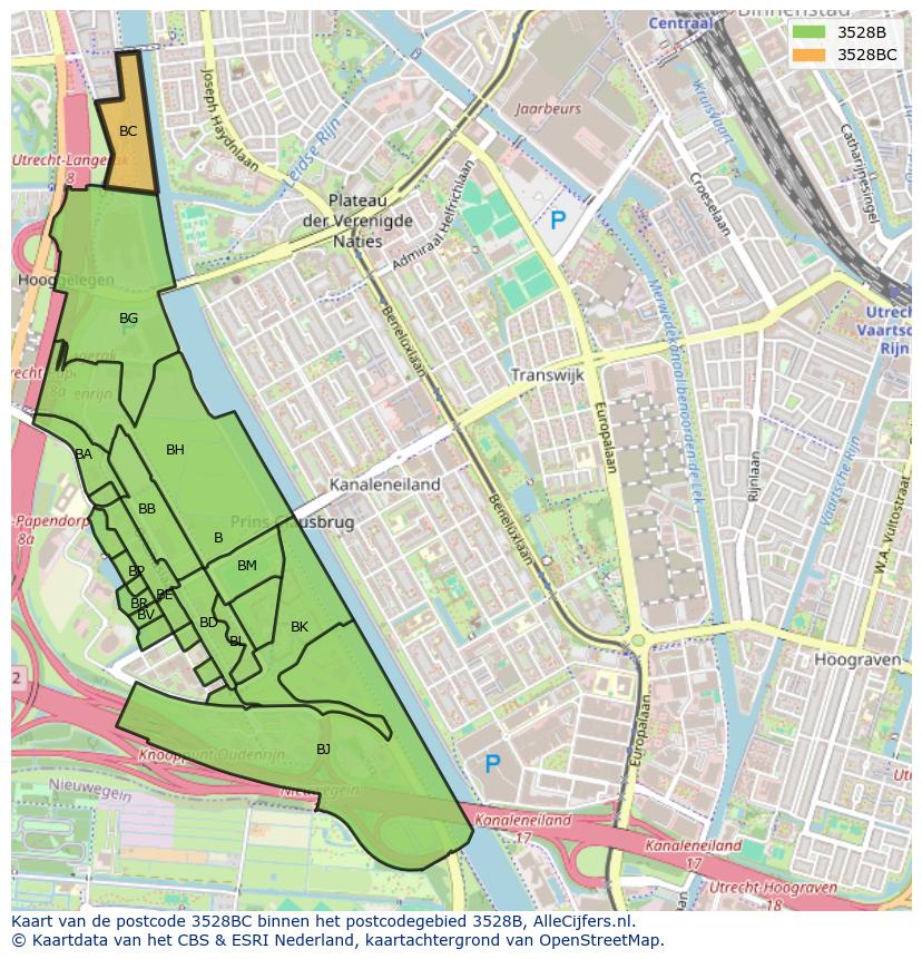 Afbeelding van het postcodegebied 3528 BC op de kaart.