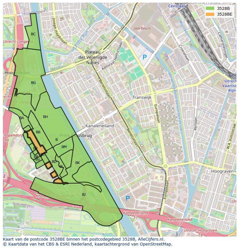 Afbeelding van het postcodegebied 3528 BE op de kaart.