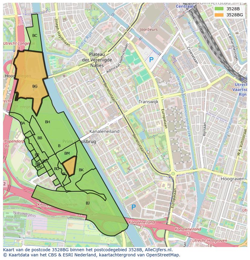 Afbeelding van het postcodegebied 3528 BG op de kaart.