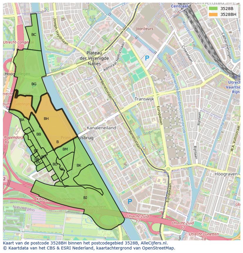 Afbeelding van het postcodegebied 3528 BH op de kaart.
