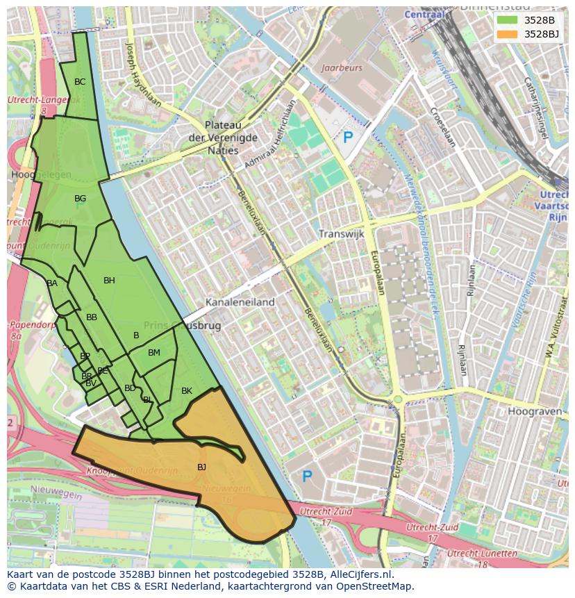 Afbeelding van het postcodegebied 3528 BJ op de kaart.