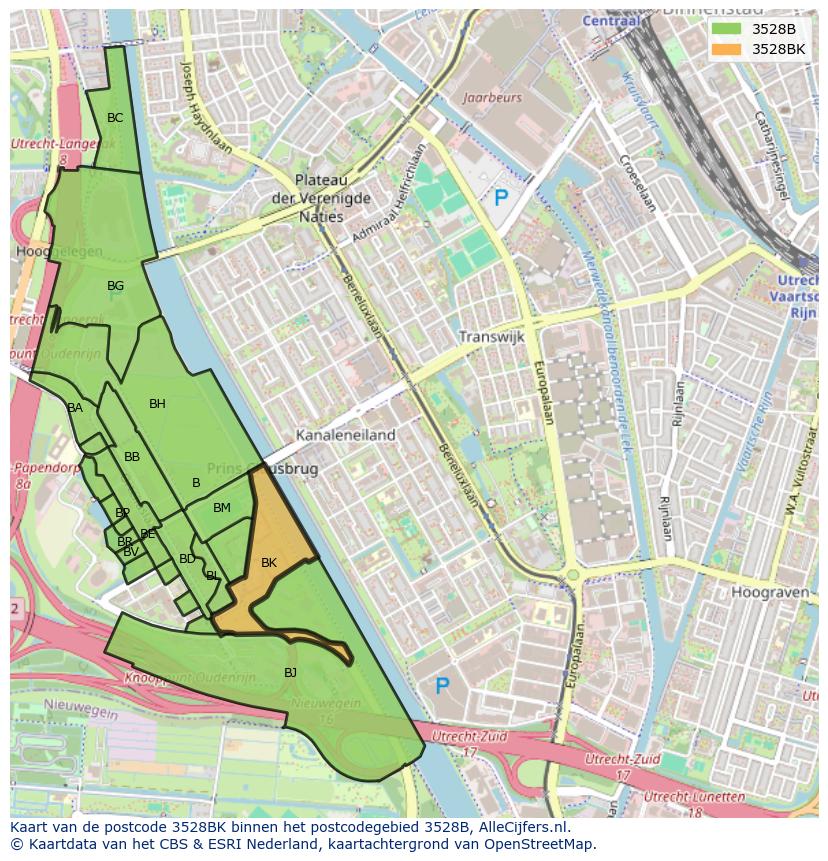 Afbeelding van het postcodegebied 3528 BK op de kaart.