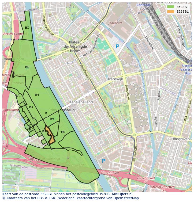 Afbeelding van het postcodegebied 3528 BL op de kaart.