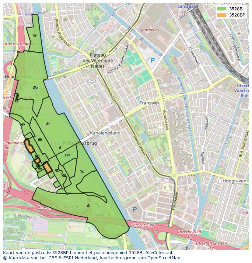 Afbeelding van het postcodegebied 3528 BP op de kaart.