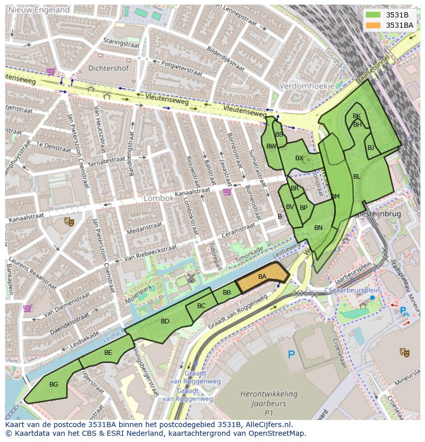 Afbeelding van het postcodegebied 3531 BA op de kaart.