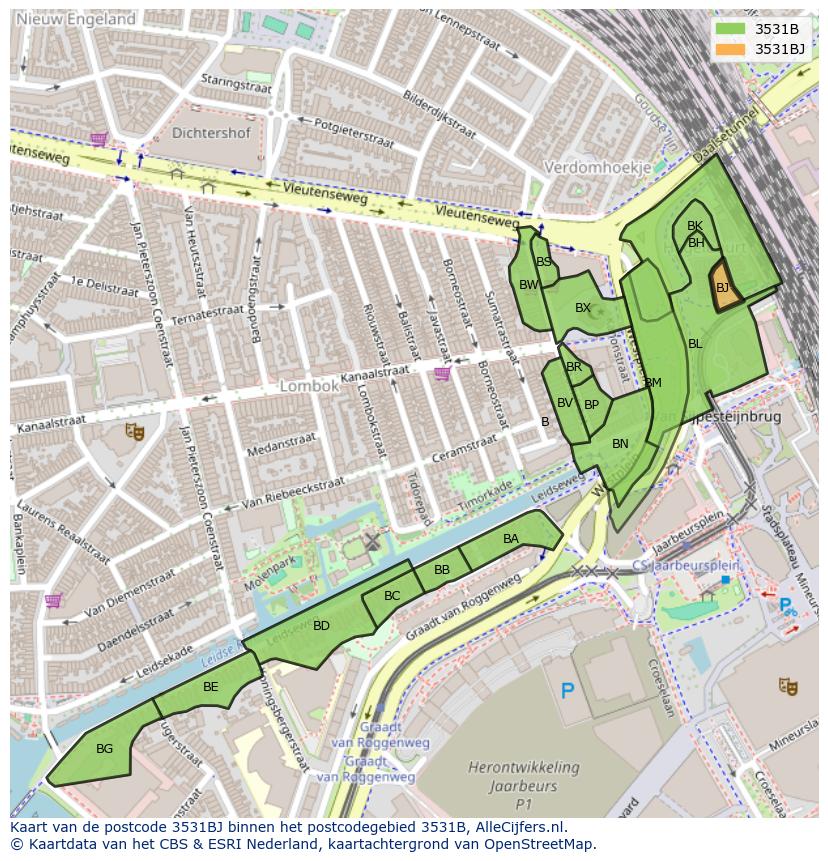 Afbeelding van het postcodegebied 3531 BJ op de kaart.