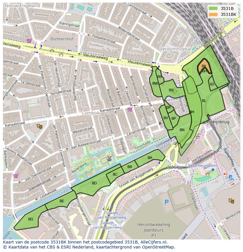 Afbeelding van het postcodegebied 3531 BK op de kaart.