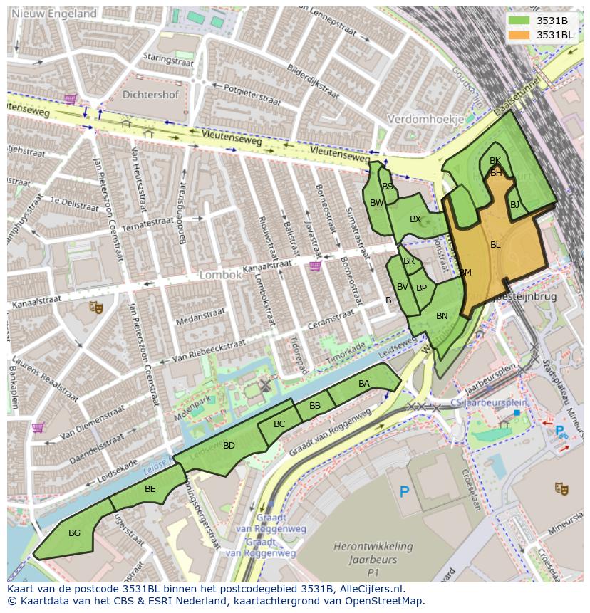 Afbeelding van het postcodegebied 3531 BL op de kaart.