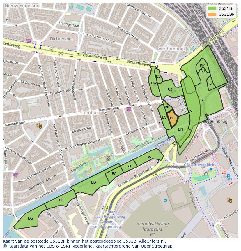 Afbeelding van het postcodegebied 3531 BP op de kaart.