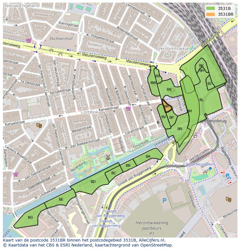 Afbeelding van het postcodegebied 3531 BR op de kaart.