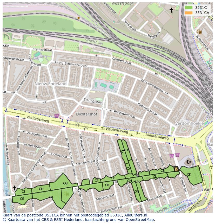 Afbeelding van het postcodegebied 3531 CA op de kaart.