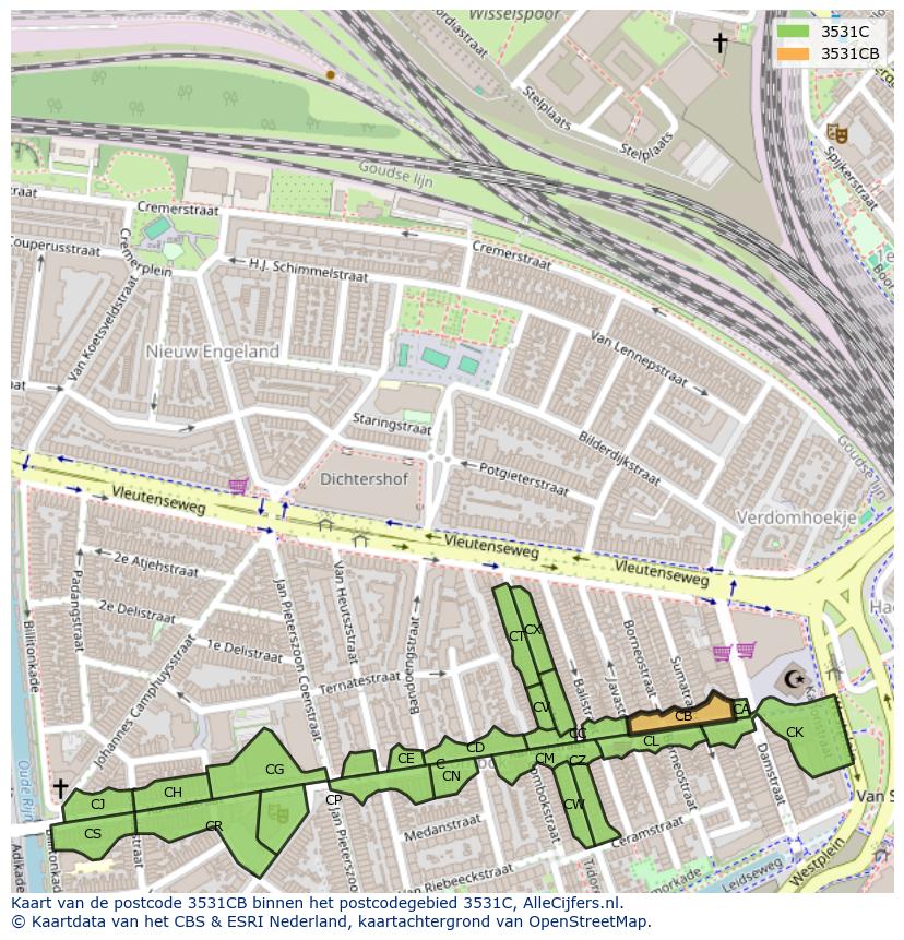 Afbeelding van het postcodegebied 3531 CB op de kaart.