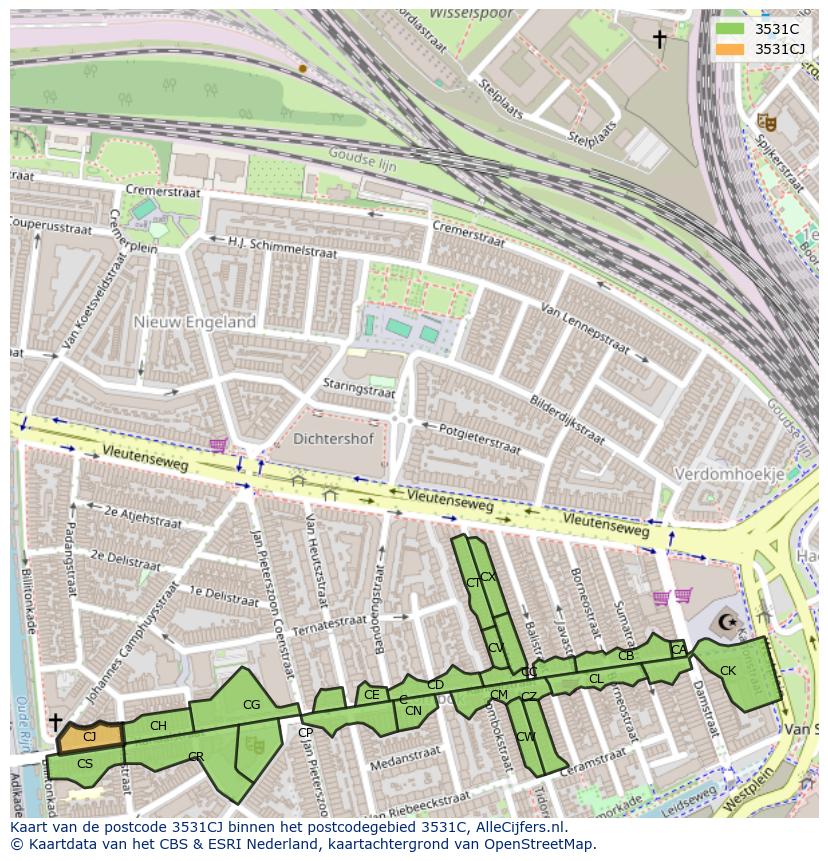 Afbeelding van het postcodegebied 3531 CJ op de kaart.