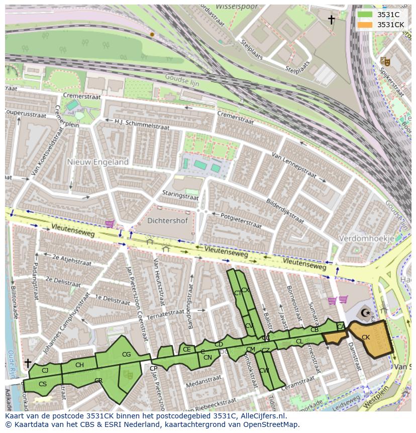 Afbeelding van het postcodegebied 3531 CK op de kaart.