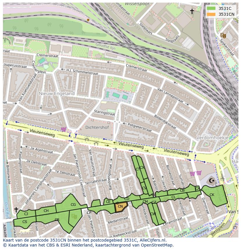Afbeelding van het postcodegebied 3531 CN op de kaart.
