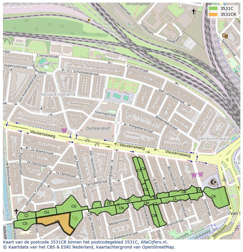 Afbeelding van het postcodegebied 3531 CR op de kaart.