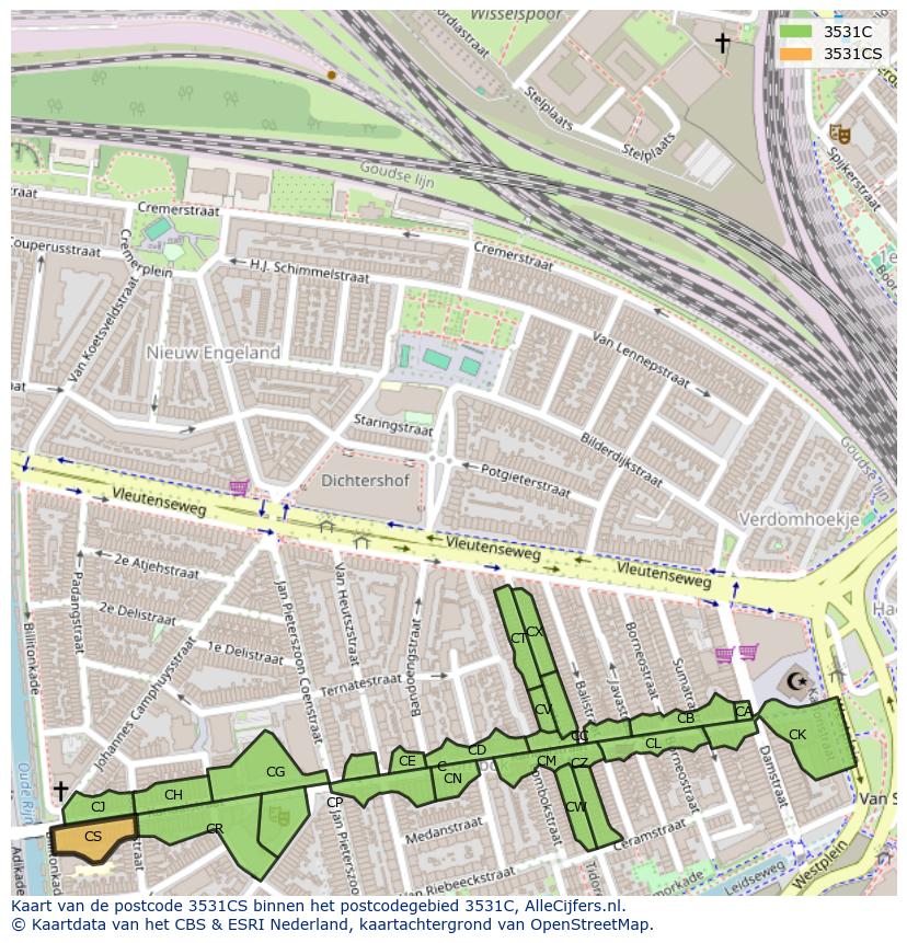 Afbeelding van het postcodegebied 3531 CS op de kaart.