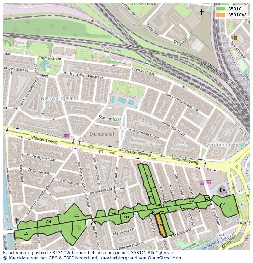 Afbeelding van het postcodegebied 3531 CW op de kaart.
