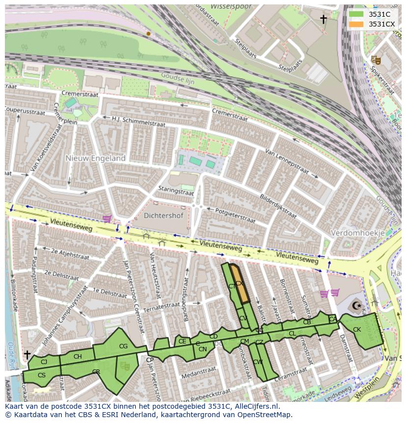Afbeelding van het postcodegebied 3531 CX op de kaart.