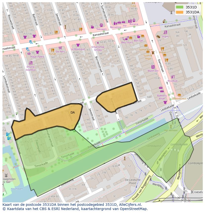 Afbeelding van het postcodegebied 3531 DA op de kaart.