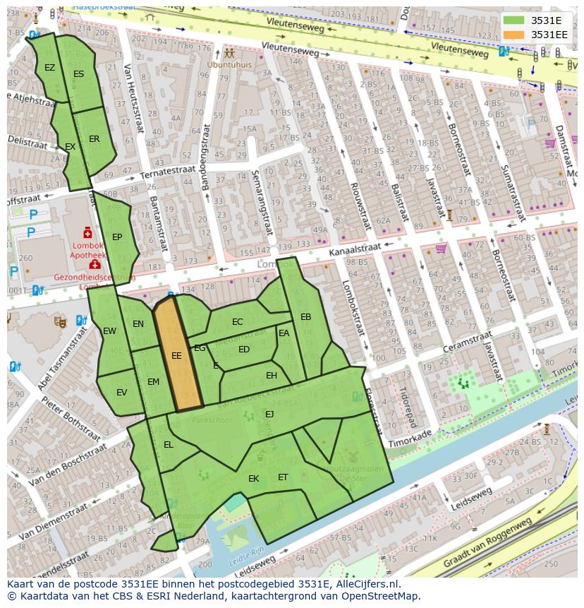 Afbeelding van het postcodegebied 3531 EE op de kaart.