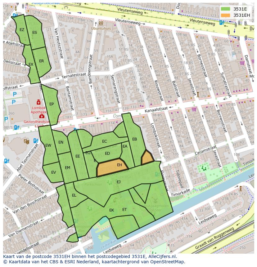 Afbeelding van het postcodegebied 3531 EH op de kaart.
