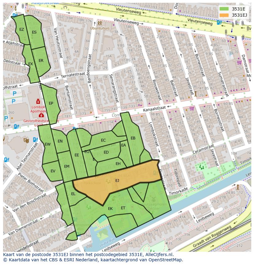 Afbeelding van het postcodegebied 3531 EJ op de kaart.