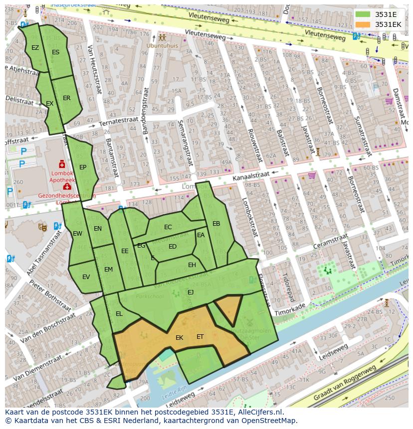 Afbeelding van het postcodegebied 3531 EK op de kaart.