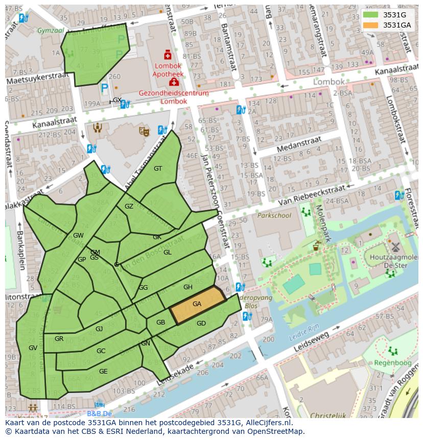 Afbeelding van het postcodegebied 3531 GA op de kaart.
