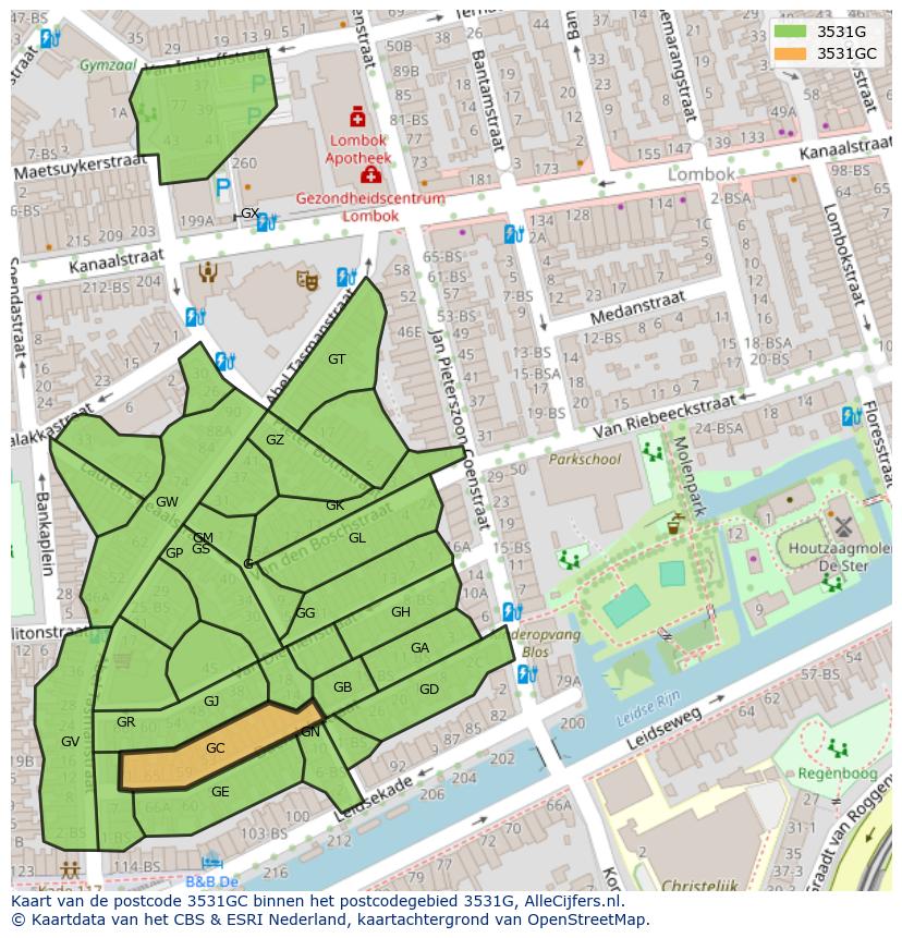 Afbeelding van het postcodegebied 3531 GC op de kaart.