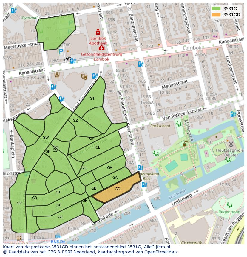 Afbeelding van het postcodegebied 3531 GD op de kaart.